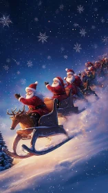 Multiple Santas sled downhill under bright winter night sky.