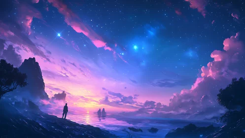 Stargazing wanderer waits where dusk melts into cosmic tides