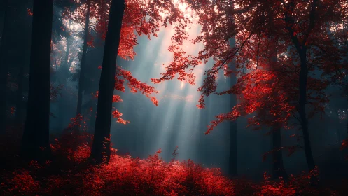 Autumn Forest Illuminated by Golden Sunlight Rays