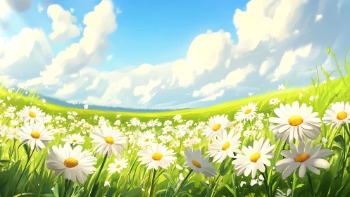 Sunlit daisies gossip beneath a sky of wandering clouds