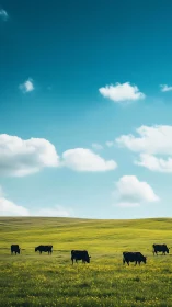 Cows graze on rolling green hills under vivid blue sky.