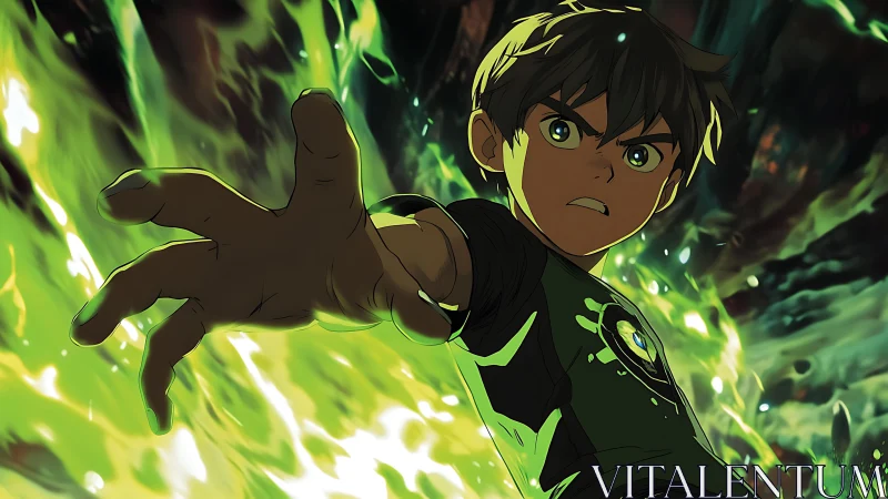 Bold young hero reaches forward through glowing green power