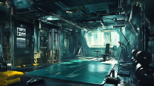 Cyberpunk starship gym with industrial lighting design.