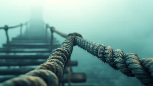 Rope bridge handrail fades into misty blue distance.