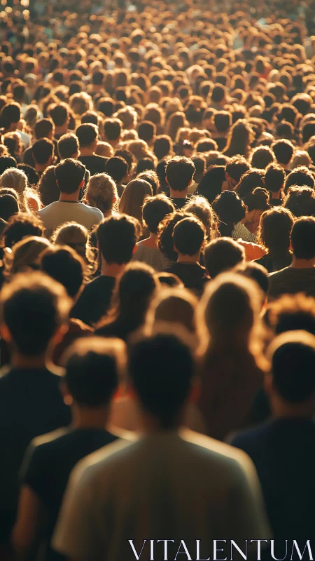 Sunlit urban crowd converging in dense perspective field.