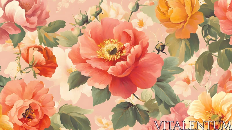 Botanical Composition: Vibrant Garden Blooms in Soft Palette.