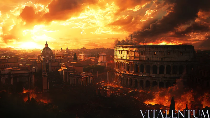 Fiery sunset crowns an ancient city in dramatic turmoil