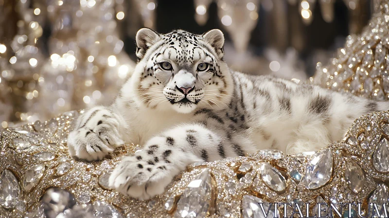 Snow Leopard Resting on Crystalline Surface with Ambient Lighting