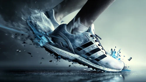 Running shoe close-up with motion splash effect on ground.