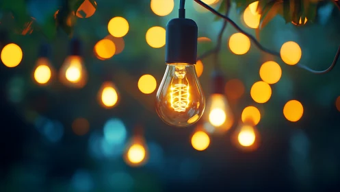 Single illuminated bulb hangs among defocused string lights