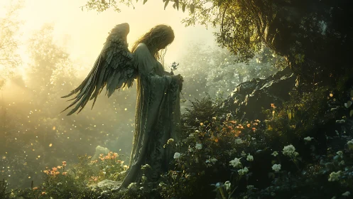Gentle stone angel rests in a softly glowing forest sanctuary