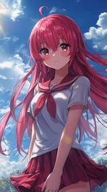 Pink-haired schoolgirl under bright summer sky, windblown.