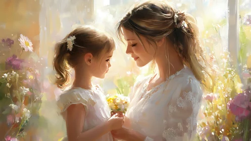 Impressionist digital painting of mother and daughter in flowers