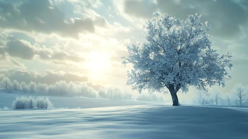 Solitary frost-laden tree anchors a serene winter landscape