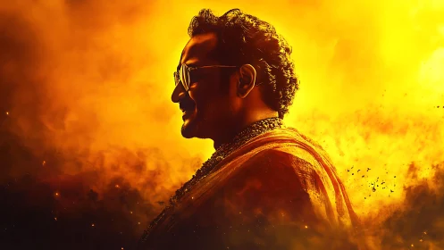 Man in side profile stands against intense yellow smoke