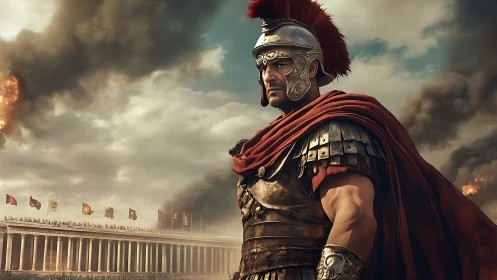 Roman centurion in battle-grade armor amid burning forum.