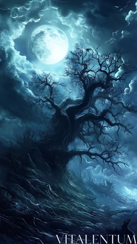 Moonlit twisted tree beneath storm-wracked spectral clouds.