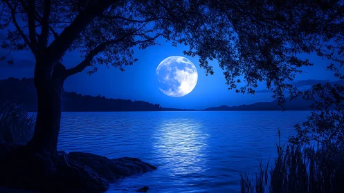 Full moon over tranquil lake framed by silhouetted foliage