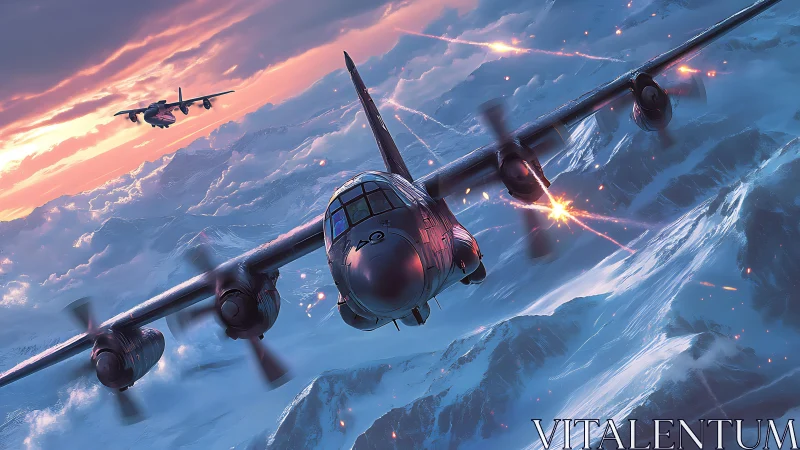 Gunship aircraft slice through blazing arctic firefight skies.