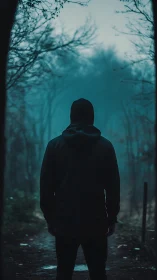 Hooded figure stands in misty forest corridor under cyan haze