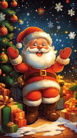Cheerful cartoon Santa stands amid glowing Christmas gifts
