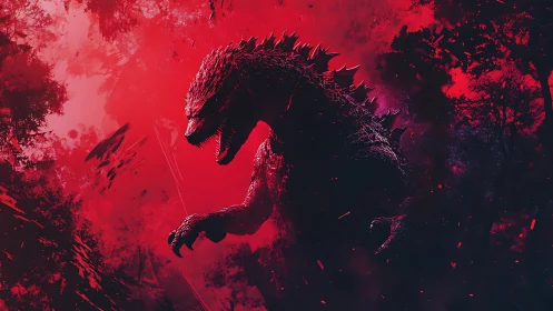 Crimson kaiju silhouette roaring through a burning jungle night.
