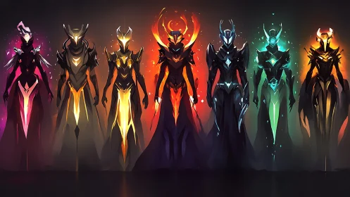 Elemental armored avatars in luminous gradient spectrum.