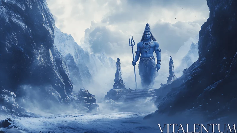 Himalayan deity statue dominates icy blue mountain pass.