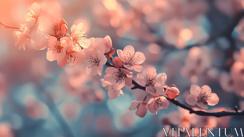 Soft peach cherry blossoms glow in dreamy spring light.