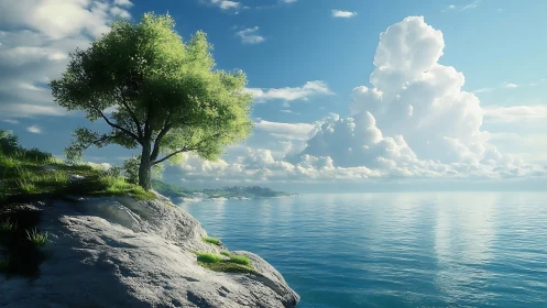 Solitary tree on rocky coastal cliff overlooking calm turquoise sea.