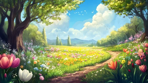 Sunlit wildflower meadow path under bright spring sky.