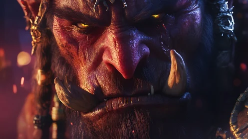 Brooding orc warlord close-up under ember-lit shadows.