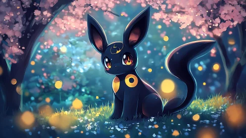 Cel-shaded nocturnal creature under bokeh-lit cherry blossoms