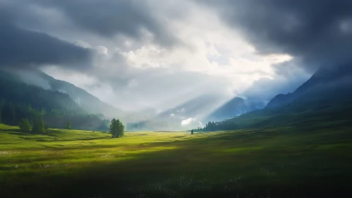 Gentle sunlight spilling over a quiet misty green valley.