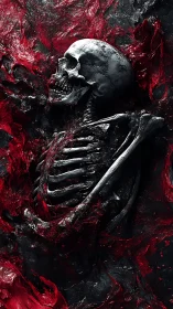 Eroded skeleton engulfed in crimson molten darkness.