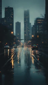 Rain-slicked city boulevard humming under mist-veiled towers.