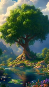 Large tree above reflective pond in idealized valley scene.