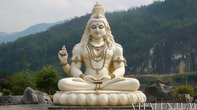 Mountain valley Shiva statue resting in soft, quiet light.