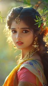 Soft backlit portrait showcases ornate jewelry and vivid saree