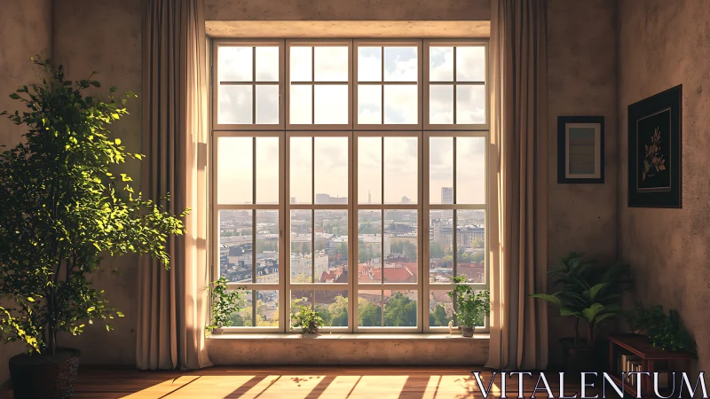 Sunlit loft interior framing high-rise cityscape through tall glazing