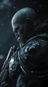 Cinematic 3D warrior profile in cold volumetric backlight.