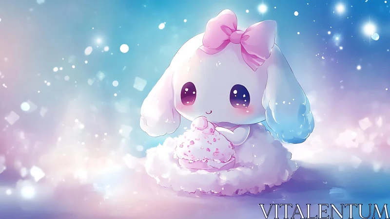 Pastel-toned chibi rabbit character rendered in soft-focus bokeh