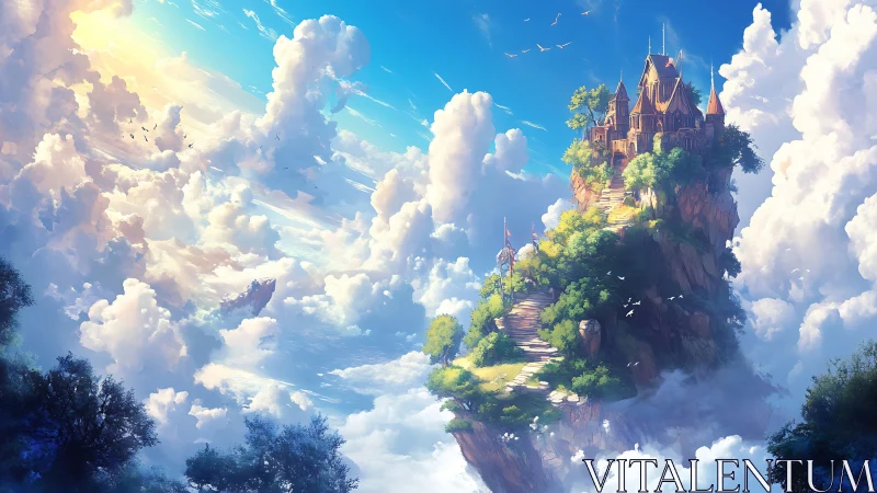 Skyward citadel crowns sunlit cliff amid radiant clouds.