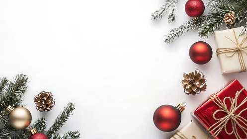 Holiday ornaments and gifts create a cozy festive frame