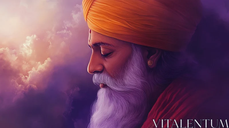 Silent saffron thinker drifts through violet-clouded dusk