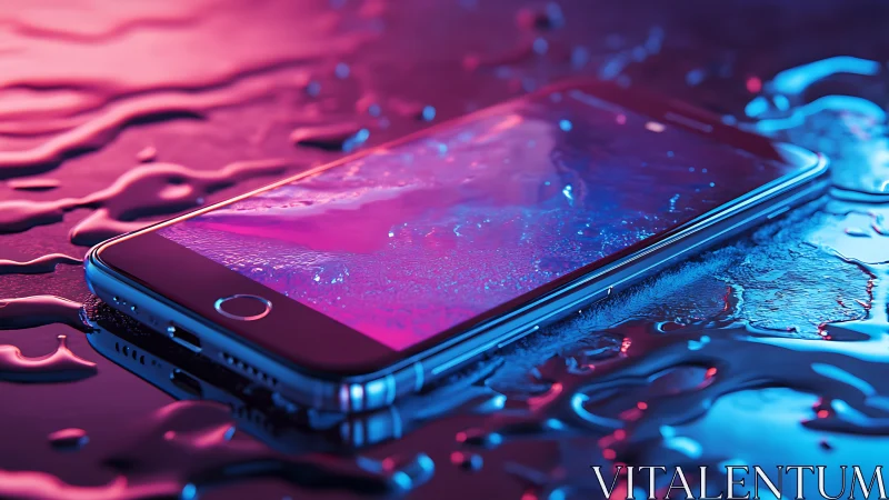 Smartphone on wet surface with pink and blue lighting.