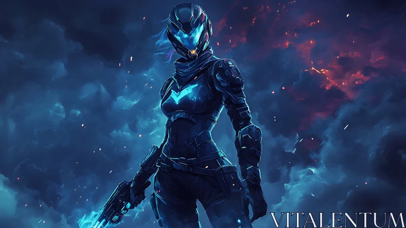 Armored sci fi soldier stands in glowing storm clouds