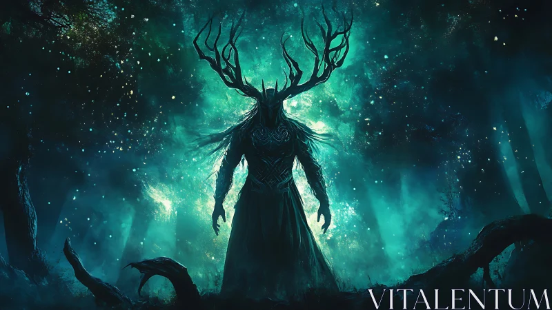 Bioluminescent antlered wraith in volumetric forest haze.