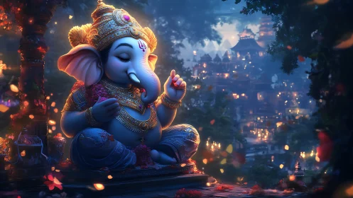 Divine baby Ganesha meditates amid glowing temple lights