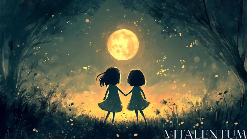 Moonlit sisters quietly choreograph wishes in glowing fields